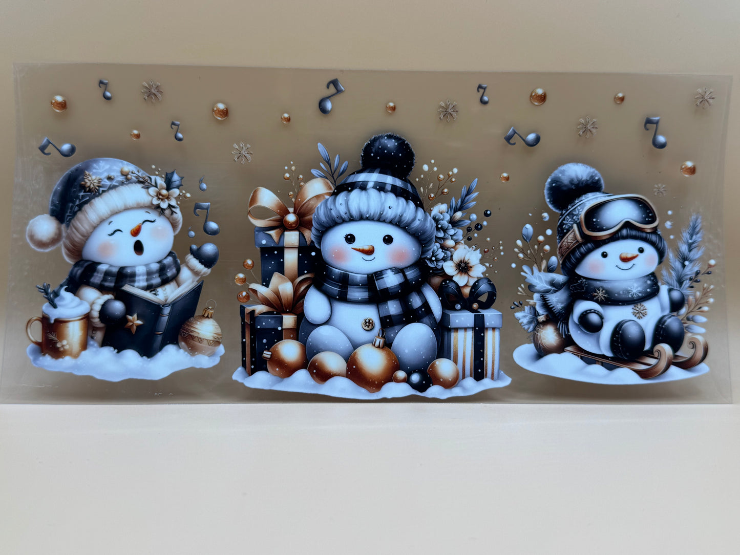 3 snowmen with gifts 16oz UVDTF