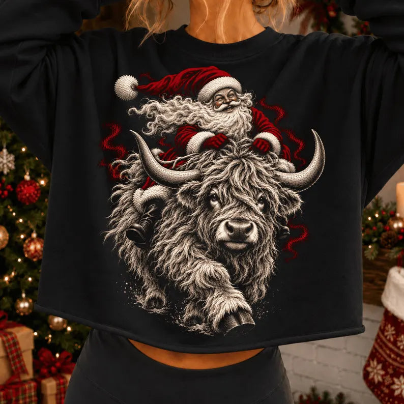 Vintage Santa Claus & Santa Highland Cow half tone