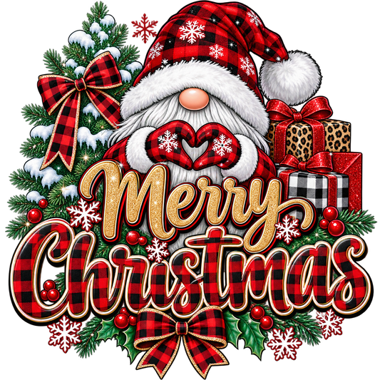 A festive Christmas graphic with a Santa gnome in a red plaid hat and coat, surrounded by snow-covered pine branches, red bows, wrapped gift boxes, snowflakes, and large glittery text reading “Merry Christmas.”.
